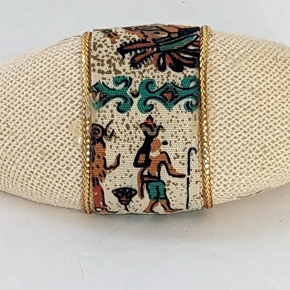Vintage Egyptian Barrette Hieroglyphs 80’s Hair Fabric White‎ & Gold